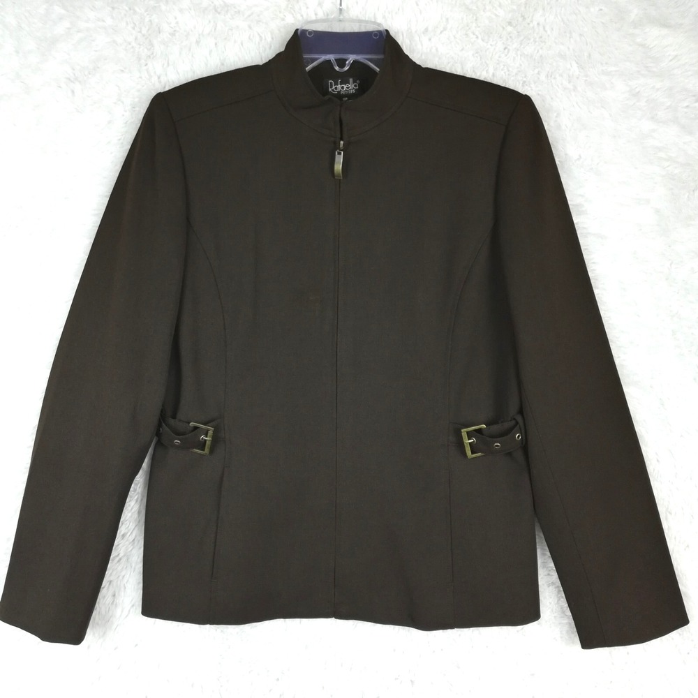 Rafaella Womens Suit Blazer Solid Brown Long Sleeve Full Zip Buckle Petite 8P